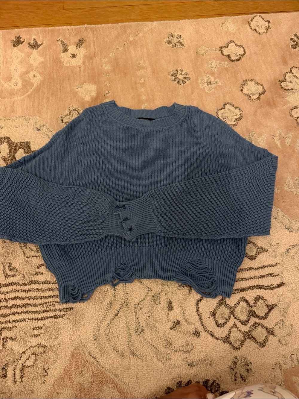Forever 21 Dusty Blue Distressed Cropped Crewneck Sweater